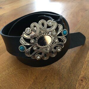 Black Leather Belt with Large Silver Buckle: Rhinestone and Turquoise, Small